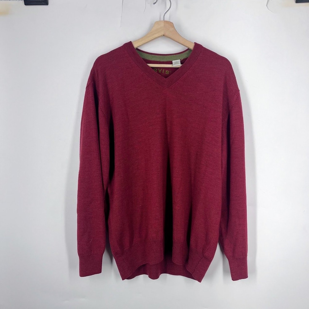 Orvis Mens V-Neck Sweater Burgundy 100% Merino Wool Red Knit Pullover Large L